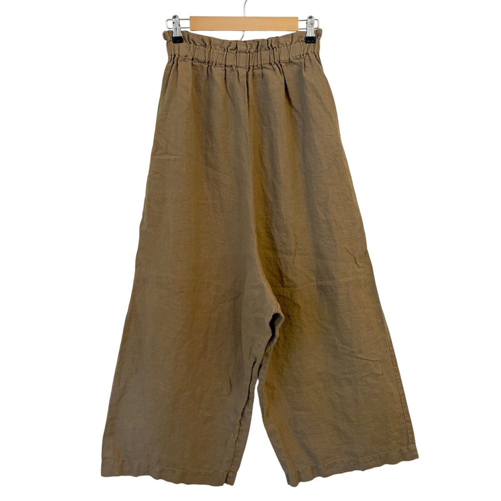 OZMA Linen Wide Leg Pants Womens S Minimalist Paperbag Harem Lagenlook Taupe